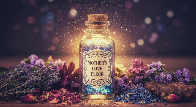 Sparkling elixir bottle surrounded by flowers and herbs.