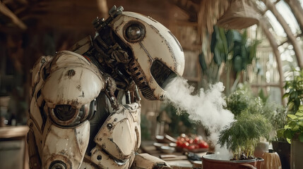 Humanoid ai robot cooking delicious meals in a modern kitchen innovative technology indoor environment