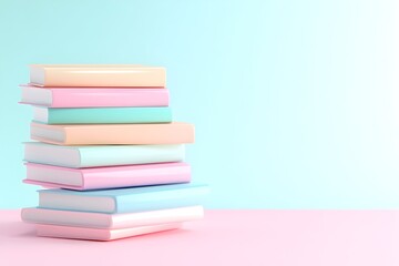 A stack of colorful books on a pink surface, against a pastel blue background
