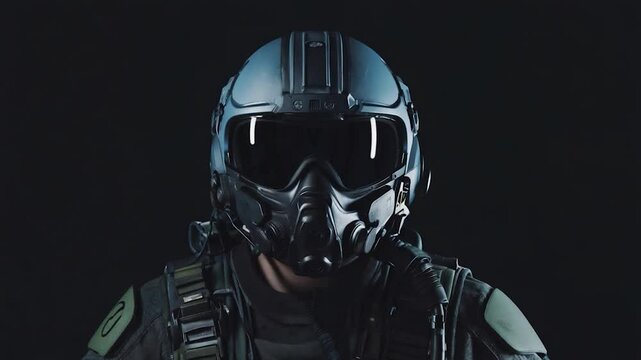 Man wearing futuristic helmet with visor and protective breathing mask