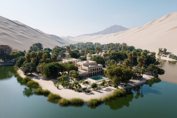 Obraz premium Desert oasis with lush green trees and large villa surrounded by sand dunes and calm water under clear sky