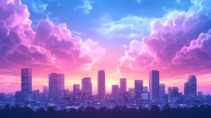 A vibrant cityscape with a colorful sky, featuring fluffy pink and blue clouds above a skyline of tall buildings
