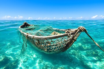 Obraz premium A weathered wooden boat partially submerged in crystal-clear turquoise water, draped with a fishing net