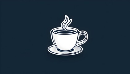 A white cup of coffee with steam rising from it, sitting on a saucer against a dark blue background