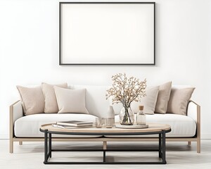 A white couch with beige pillows sits in front of a large framed picture above a coffee table with a vase of dried flowers and books