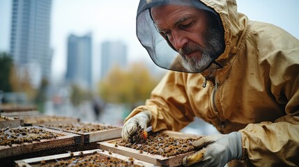 A beekeeper in protective gear tending to a hive with honeycombs outdoors in an urban environment on an overcast day, showcasing dedication and nature.