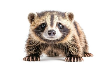 Fototapeta premium A young raccoon with black and brown fur, black eyes, and a pink nose stares directly at the camera with its paws outstretched in front of it
