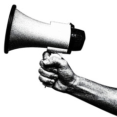  black and white hand holding a megaphone cutout hand halftone design element on white  png