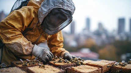 Fototapeta premium A beekeeper dressed in a protective suit delicately tends to honeycombs covered in bees against the backdrop of a blurred cityscape on a cloudy day afternoon.
