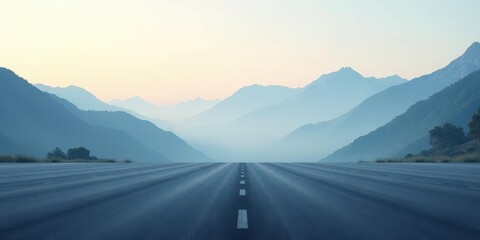 Asphalt road leading to a hazy mountain range at dawn, a scenic journey ahead