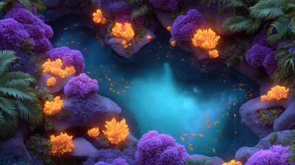 Bioluminescent coral reef with vibrant purple and orange coral surrounding glowing blue water pool teeming with small fish
