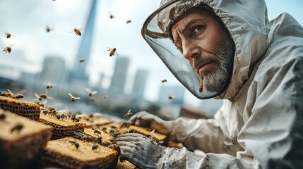 A determined beekeeper tending to his urban beehives on a city rooftop carefully watches the bees swarming near the honeycomb frames in his apiary setting.