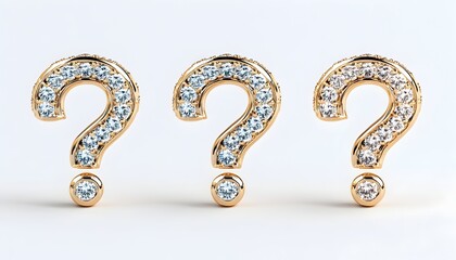 Three gold question marks adorned with diamonds, each featuring a different gemstone at the bottom