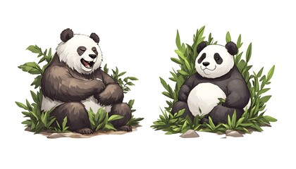 Obraz premium Two cartoon pandas sitting in bamboo, one laughing and the other smiling