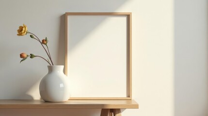 A minimalist interior scene featuring a light wooden frame leaning against a wall, next to a vase of delicate yellow flowers on a simple wooden shelf.