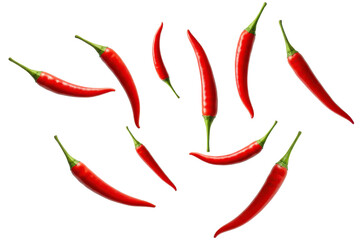 Fresh red chili peppers flying, isolated on transparent background