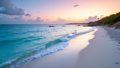 Obraz premium The shoreline curves gently, embraced by a sea of sapphire and turquoise hues that shimmer under the descending sun