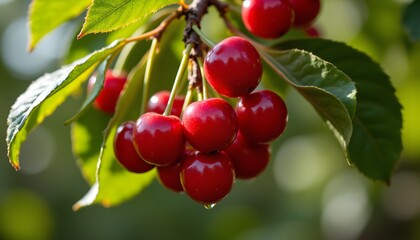 Obraz premium A sun drenched cluster of crimson cherries hangs heavy on a branch, their skins gleaming with a delicate, dewy sheen