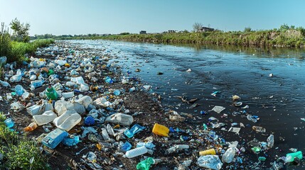 Extensive plastic waste contaminates the riverbank and water, demonstrating serious environmental pollution harming nature with its trash accumulation in waterway.