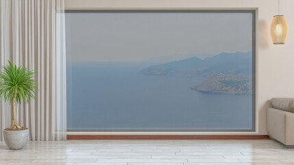 Fototapeta premium Coastal view from modern living room with large window overlooking the sea and mountains