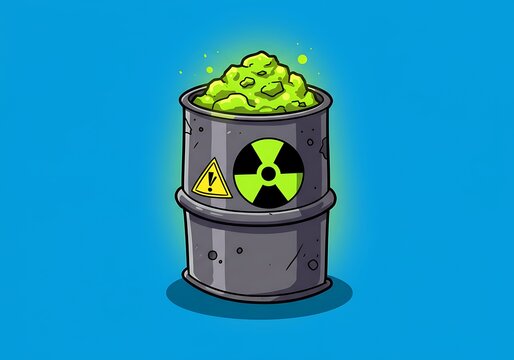 Cartoonish depiction of a toxic waste barrel on a vibrant background.