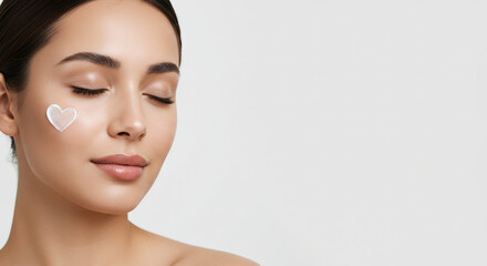 Fototapeta premium Beautiful Woman with Heart-Shaped Face Cream – Skincare and Natural Beauty Concept