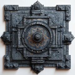 Fototapeta premium Ornate gray stone relief with intricate carvings and geometric patterns featu a central medallion on a flat white surface creating a symmetrical design.
