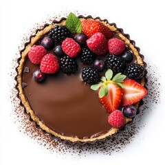 A rich chocolate tart filled with velvety ganache, accompanied by fresh fruit such as strawberries, 