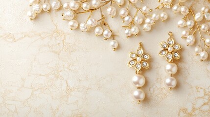 Elegant gold and pearl earrings with sparkling gems are displayed on a marble surface alongside delicate pearl decorations.