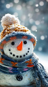 A colorful and whimsical snowman dressed in a cozy knitted hat and scarf stands against a picturesque snowy landscape, perfect for winter holiday decorations and banners.