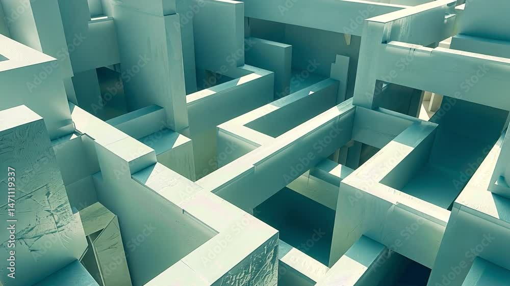 Poster exploration of complex maze an abstract design of light blue geometric shapes, showcasing depth and 