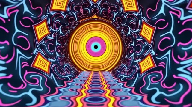 Short psychedelic tunnel animation with colorful hypnotic eye and geometric vortex. Ideal for music visuals, creative intros, stage backgrounds and abstract video art. No audio.