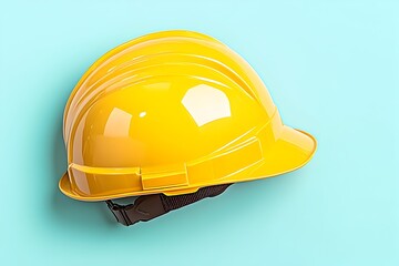 A bright yellow hard hat rests on a light blue background