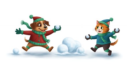 Fototapeta premium Dog and cat playing in the snow festive illustration