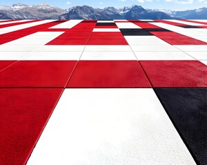 A checkered red, white, and black tiled floor extends towards a distant snow-capped mountain range