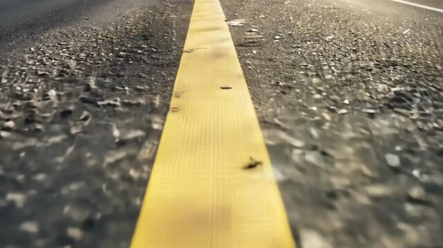 A yellow dividing line painted on a rough asphalt road surface with a perspective close-up view. The camera maintains focus on the bright markings against a dark grey textured surface.