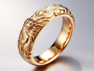 A detailed gold ring featuring an intricate dragon design, symbolizing power and elegance, displayed on a smooth, light background.