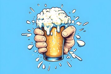 A hand holding a glass of beer with a thick head of foam, surrounded by splashes of beer against a blue background