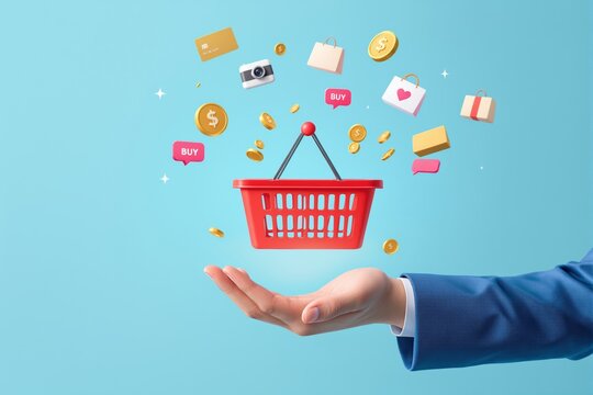Business hand holds red shopping basket with floating icons of money, shopping bags, and cards in cartoon style on blue background. Concept of e-commerce. Ai generative - Powered by Adobe