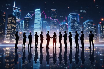 Businesspeople silhouettes in formal attire standing and shaking hands in front of a city skyline background with glowing stock market data. Ai generative