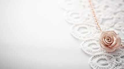 A delicate rose gold necklace rests on elegant white lace, creating a romantic and refined composition.