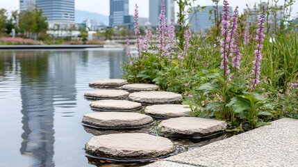 A serene pond with stepping stones leading to a lush green shore, with tall pink flowers and towering buildings in the background