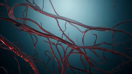 A complex network of red blood vessels. The camera slowly moves through the complex arterial structure, revealing the detailed branching patterns of interconnected blood vessels. - Powered by Adobe