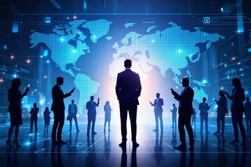 Group of business people standing with devices in front of glowing digital world map, futuristic graphic style, blue background, concept of global network. Ai generative