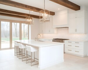 A spacious, modern kitchen with white cabinets, a large island, and a white tiled backsplash. The kitchen has a large window overlooking a green lawn