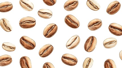 Obraz premium A watercolor pattern of scattered coffee beans, some light brown and others darker brown, against a white background