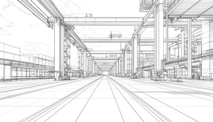 A wireframe rendering of an industrial complex with multiple gantry cranes and a paved pathway in the center