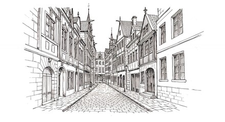 Hand drawn illustration of european street scene