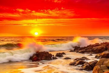 Obraz premium Fiery Sunset Over Rocky Coastline Dramatic Ocean Waves Crashing on Shore