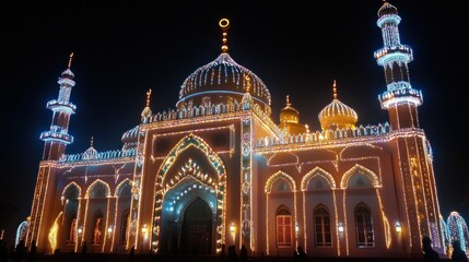 Spectacular mosque facade brilliantly illuminated at night with decorative lights